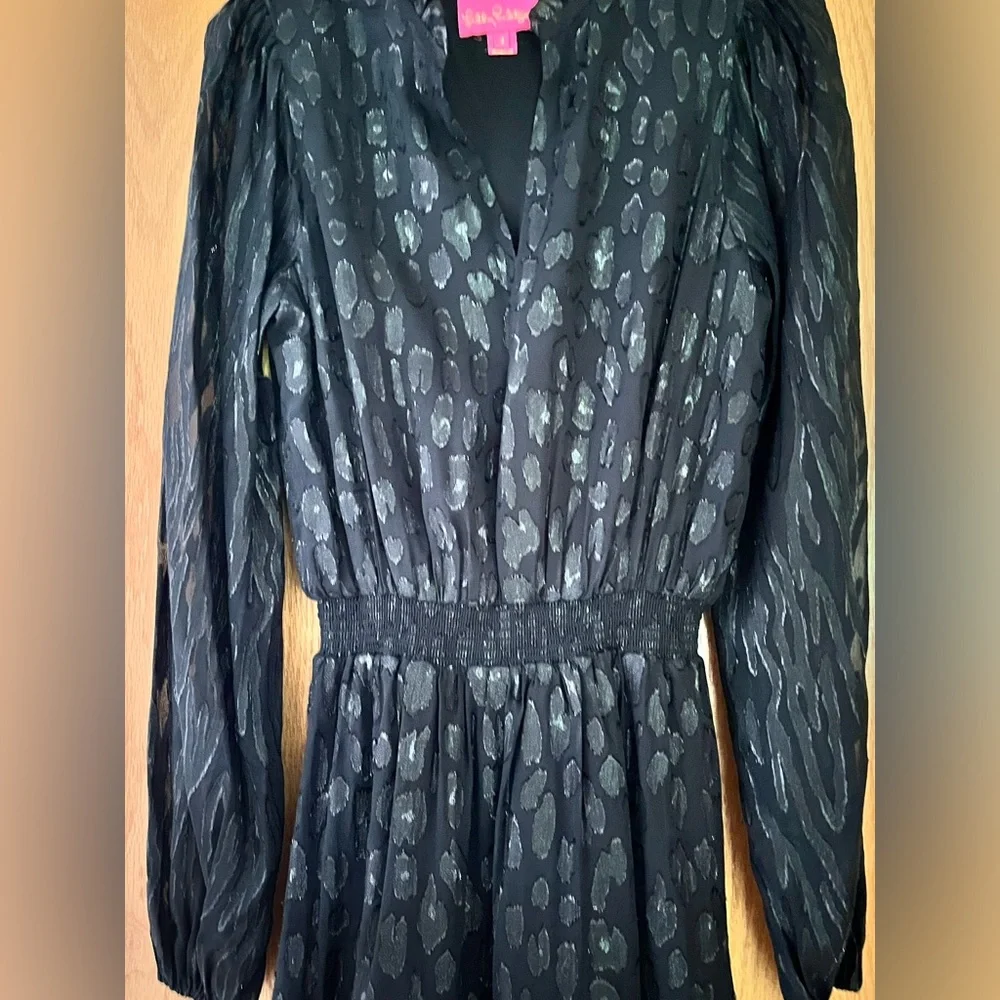 𝐋𝐢𝐥𝐥𝐲 𝐏𝐮𝐥𝐢𝐭𝐳𝐞𝐫 Black Onyx Avelynn Lilly Silk Metallic Dress Size 4 - Picture 9 of 12